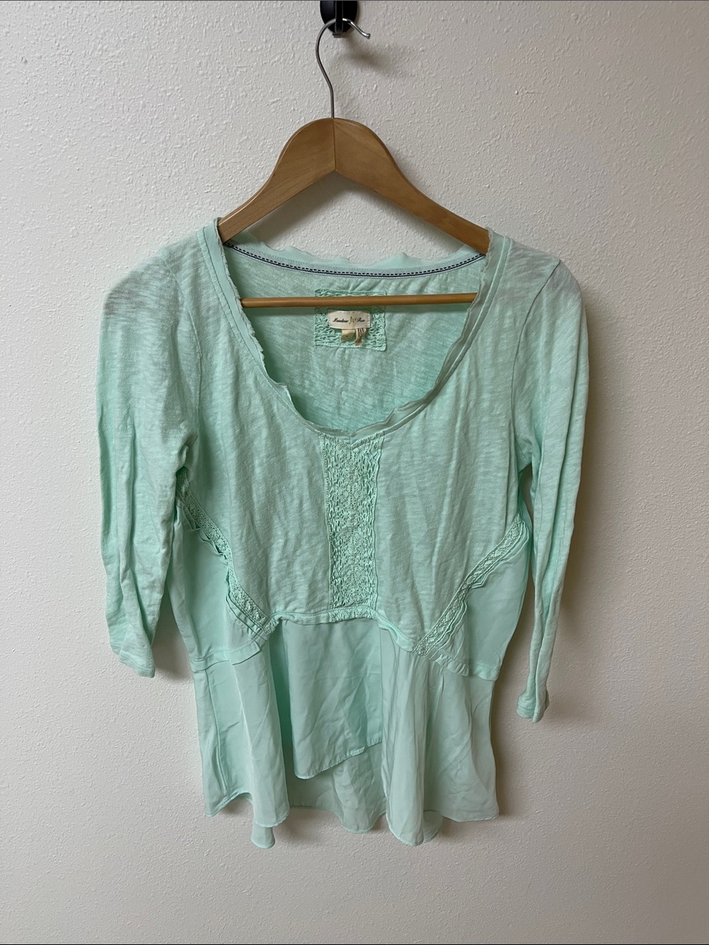 Meadow Rue Light Mint Green Peasant Tunic Top - Boho Lace Detail women’s size M